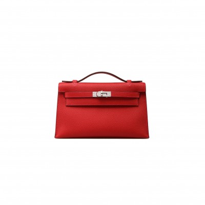 HERMES MASTER KELLY POCHETTE ROUGE CASAQUE EPSOM WITH PALLADIUM HARDWARE (22*14*7cm)